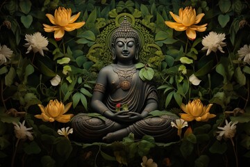 Fototapeta premium Buddha statue with lotus flower and green leaves background.Generative Ai