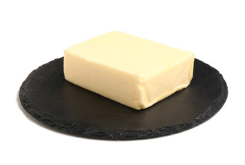 Board with fresh butter on white background