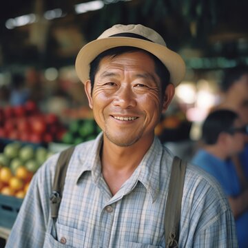 Bountiful Summer: Male Farmer's Genuine Connection at Market. Generative AI