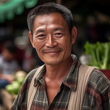Bountiful Summer: Male Farmer's Genuine Connection at Market. Generative AI