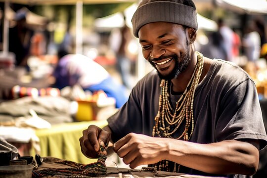 Creative Hands: Man Artisan Crafting Jewelry in Summer Market. Generative AI