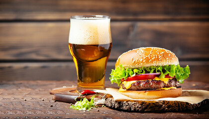 Fast food. A big burger with beef and a glass of beer. On a wooden background.