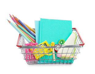 Shopping basket with school stationery on white background