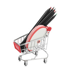 Shopping cart with school stationery on white background