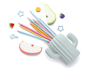 Cup in shape of cactus with school stationery on white background