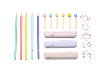 Different school stationery on white background
