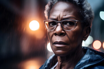 A middle-aged African American woman walking with determination through a rain-soaked street, her face illuminated by a streak of lightning, intense and focused. Generative AI