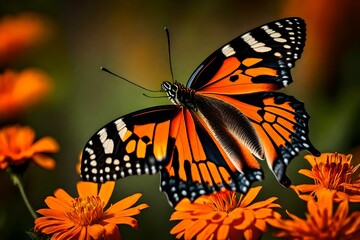 A closeup shot of a beautiful butterfly with interesting textures on an orange-petaled flower. The butterfly's wings exhibit a breathtaking pattern, resembling delicate generative ai technology
