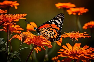 A closeup shot of a beautiful butterfly with interesting textures on an orange-petaled flower. The butterfly's wings exhibit a breathtaking pattern, resembling delicate generative ai technology
