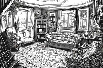 Beautiful hand drawn inking illustration of a living room. Generative AI
