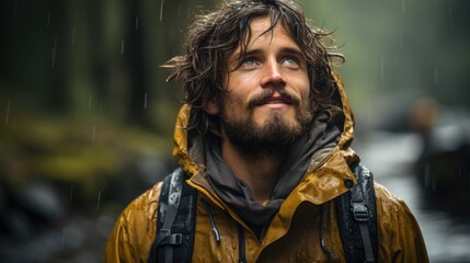 Obraz premium Generative AI - Embracing Rain: Hiker Takes a Deep Breath Amidst Nature's Refreshing Shower