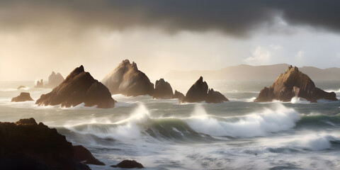 Obraz premium Beautiful seascape in a dramatic lighting. Generative AI