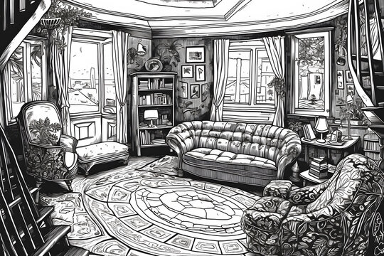 Beautiful hand drawn inking illustration of a living room. Generative AI