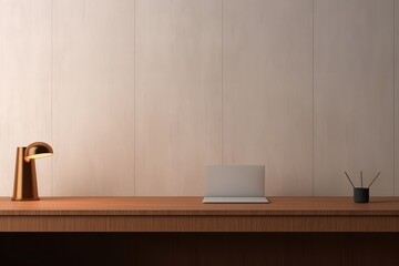 Front view Office desk with office tools, computer laptop on wood table background with copy space. Generative AI