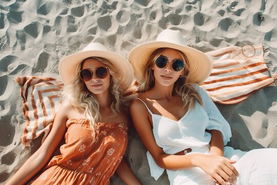 Fashionable Women Relaxing on Sunny Beach. Generative AI