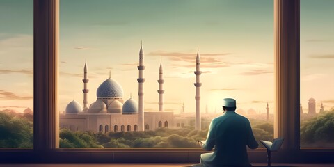 Muslim man sitting and holding Quran with view of mosque, eid ul adha mubarak day background illustration, Generative AI - obrazy, fototapety, plakaty