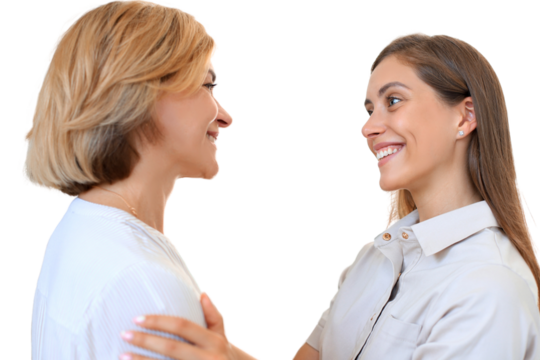 Cheerful young woman is embracing her middle aged mother on a transparent background