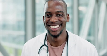 Face, happy doctor and black man in hospital for healthcare, support and wellness. African medical professional, portrait and surgeon smile, expert worker or employee from Nigeria in health clinic - Powered by Adobe