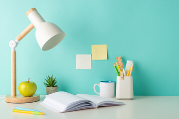 Create an efficient workspace with a side-view photo showcasing white tabletop with student's essentials, including stationery in organizer and lamp on blue isolated backdrop, ideal for text or advert
