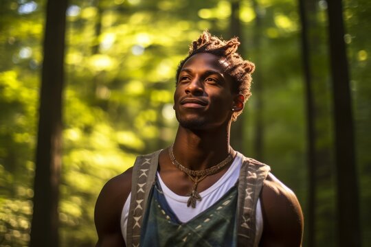 Into the Wild: Man's Tranquil Journey in the Forest. Generative AI