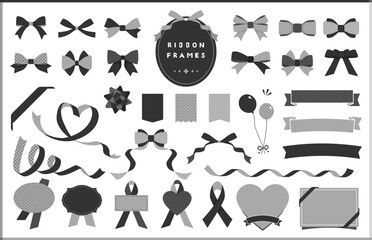 リボンのイラスト、アイコン、フレームのデザインセット / 黒、モノクロ / りぼん,ベクター,ハロウィン,バナー,あしらい,シンプル