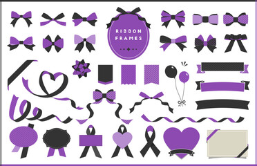 リボンのイラスト、アイコン、フレームのデザインセット / 紫と黒 / りぼん,ベクター,ハロウィン,バナー,あしらい,シンプル