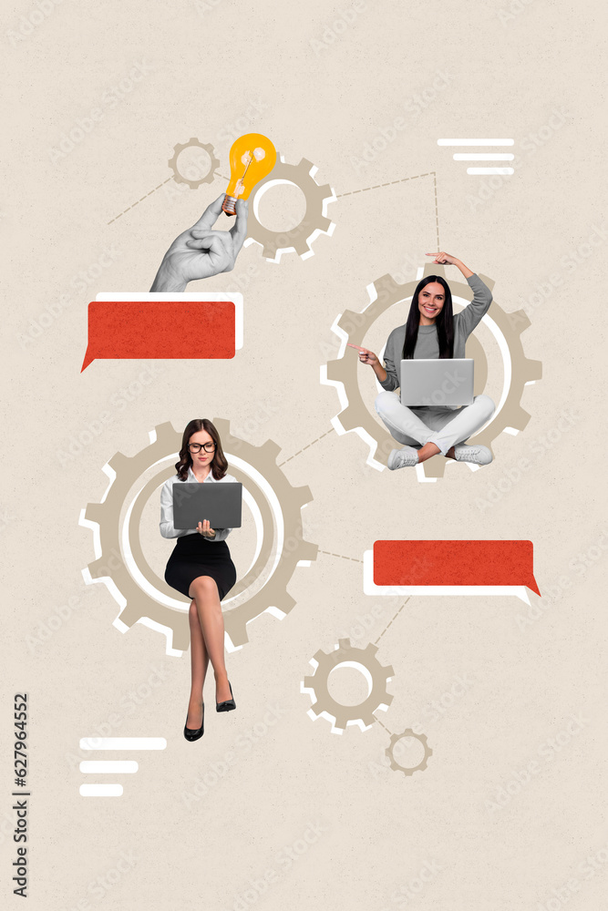 Poster collage picture illustration of teamwork colleagues girls remote job chatting genius idea program de