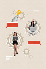 Collage picture illustration of teamwork colleagues girls remote job chatting genius idea program developers isolated on beige background
