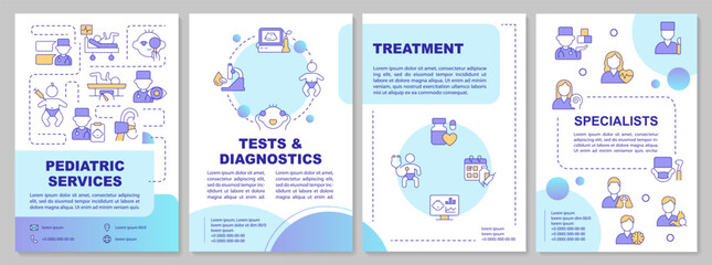 Fototapeta na wymiar Pediatric services blue gradient brochure template. Child clinic. Leaflet design with linear icons. Editable 4 vector layouts for presentation, reports. Arial-Bold, Myriad Pro-Regular fonts used