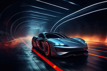 Obraz na płótnie Canvas 3D rendering of a sports car on a dark road with neon lights, A sports car a futuristic autonomous vehicle on a trail, AI Generated