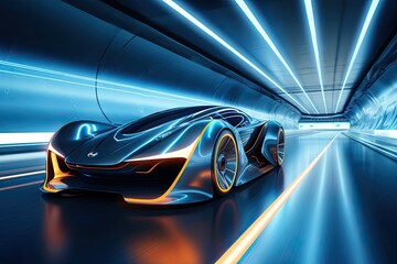 Fototapeta na wymiar Futuristic car in the tunnel. 3d rendering image. A sports car a futuristic autonomous vehicle on a trail, AI Generated