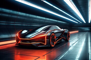 3D rendering of a brand-less generic concept car in a tunnel, A sports car a futuristic autonomous...