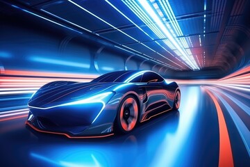 3D rendering of a sports car in a tunnel with light trails, A sports car a futuristic autonomous vehicle on a trail, AI Generated
