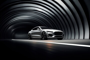 Conceptual image of a sports car driving through a tunnel. A striking image of a car parked in a...
