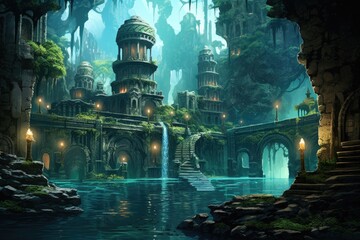 Fantasy landscape with fantasy temple in the deep forest. A thriving hidden oceanic civilization with enchanting architecture, bioluminescent plants, and mysterious inhabitants, AI Generated © Ifti Digital