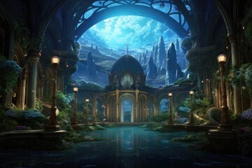 Fototapeta premium 3D CG rendering of fantasy building and lake. A thriving hidden oceanic civilization with enchanting architecture, bioluminescent plants, and mysterious inhabitants, AI Generated