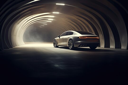 3D rendering of a brand-less generic concept car in a tunnel, A striking image of a car parked in a tunnel, AI Generated