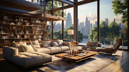 Fototapeta premium The interior of a modern living room with panoramic windows and beautiful views from the windows. 3D visualization. Luxurious interior design