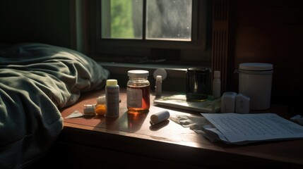 A wooden table topped with bottles of medicine next to a window. Generative AI.