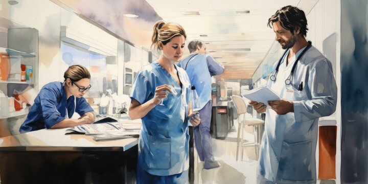 A painting of a group of doctors in a hospital. Generative AI.