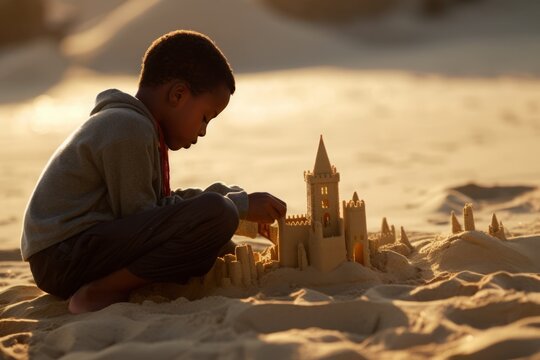 Joyful Builder: Boy's Sandcastle Creation at Sunset. Generative AI