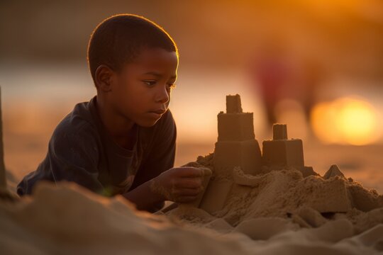Joyful Builder: Boy's Sandcastle Creation at Sunset. Generative AI