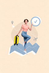 Vertical collage picture of cheerful girl jump hold suitcase point finger checkmark icon plane flight route location isolated on beige background