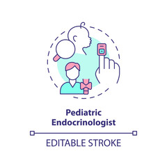 Pediatric endocrinologist concept icon. Endocrine system. Hormonal imbalance. Children doctor. Medical center abstract idea thin line illustration. Isolated outline drawing. Editable stroke