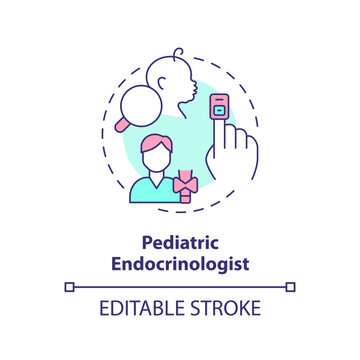 Pediatric endocrinologist concept icon. Endocrine system. Hormonal imbalance. Children doctor. Medical center abstract idea thin line illustration. Isolated outline drawing. Editable stroke
