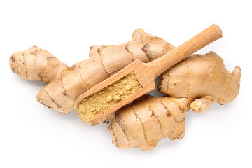 Fresh ginger root and wooden scoop with dried powder on white background