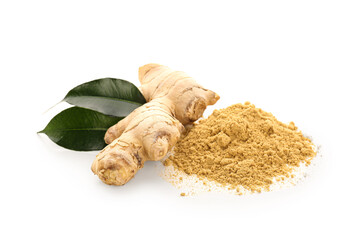 Fresh ginger root and dried powder on white background