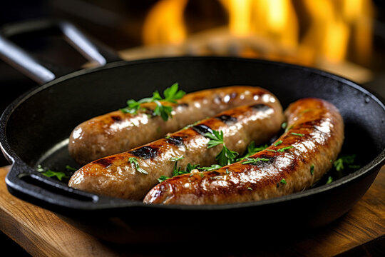 Delicious pan-fried german bratwursts in a skillet