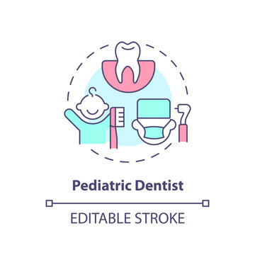 Pediatric dentist concept icon. Dental clinic. Oral health. Teeth treatment. Childcare center. Medical care abstract idea thin line illustration. Isolated outline drawing. Editable stroke