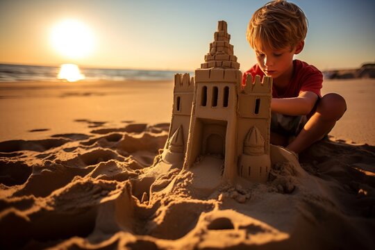 Joyful Builder: Boy's Sandcastle Creation at Sunset. Generative AI